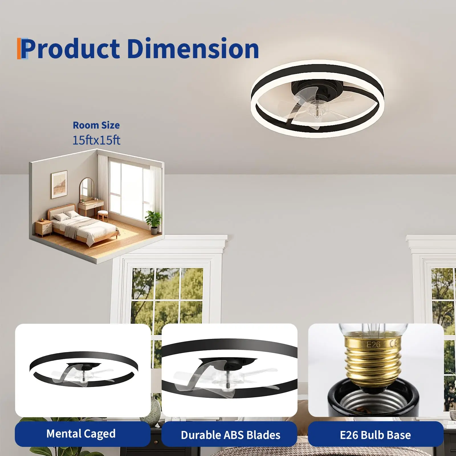 Caged Ceiling Fan with Light and Remote 20 Inch Flush Mount Quiet 6 Speed DC Motor Dimmable 3 CCT Black for Kitchen
