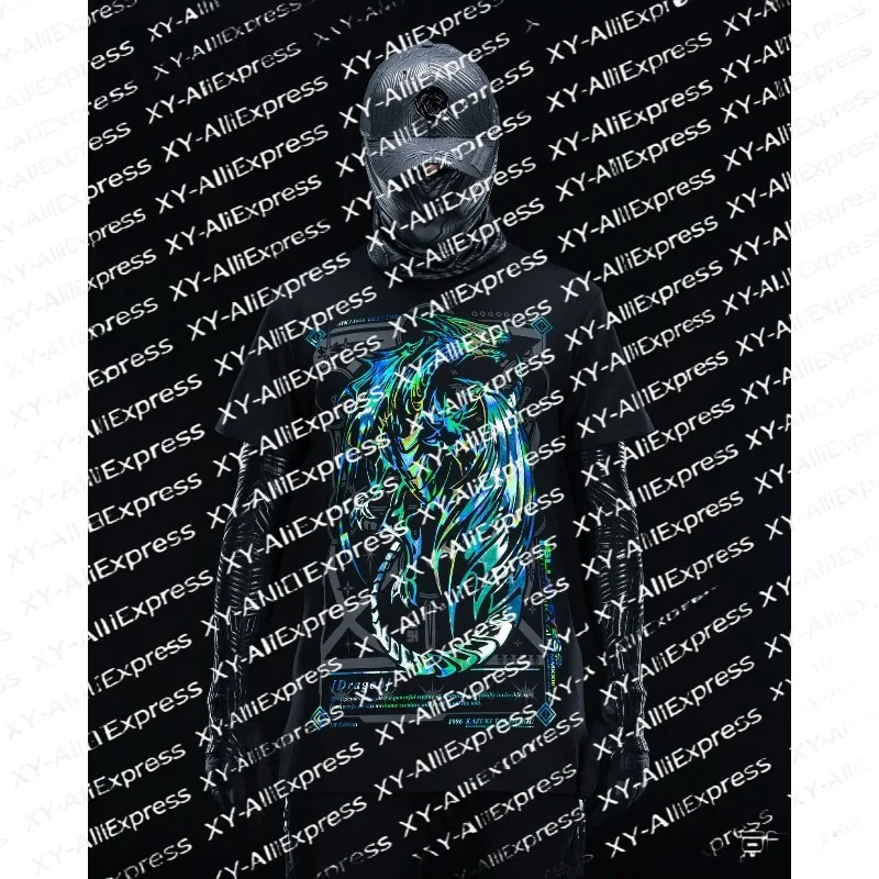 Men Urban Street Tee, Quick Dry & Breathable. Neon Sci-fi Creature Print for Subculture Meetups and Night Casual Activities