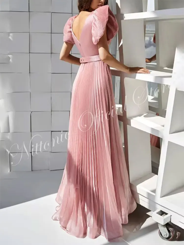 Long Pink Prom Dresses for Woman V-Neck Puffy Sleeve Floor-Length A-Line Belt Evening Party Formal Occasion 2024فساتين طويلة