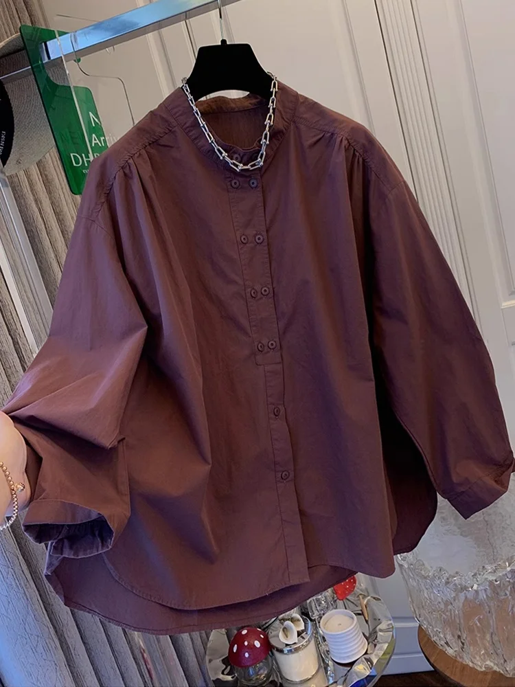 Women's Long Sleeve Cotton Shirt Loose Fit round Neck Double Button Vintage Style Top for Autumn Fashion Commute Wear