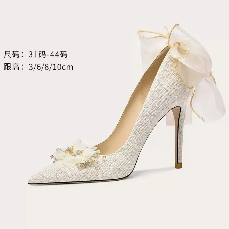 Spring and Summer New Water Diamond Flower Bow Single Shoe Slim High Heel Banquet Dress Versatile Large and Small Women's Shoes