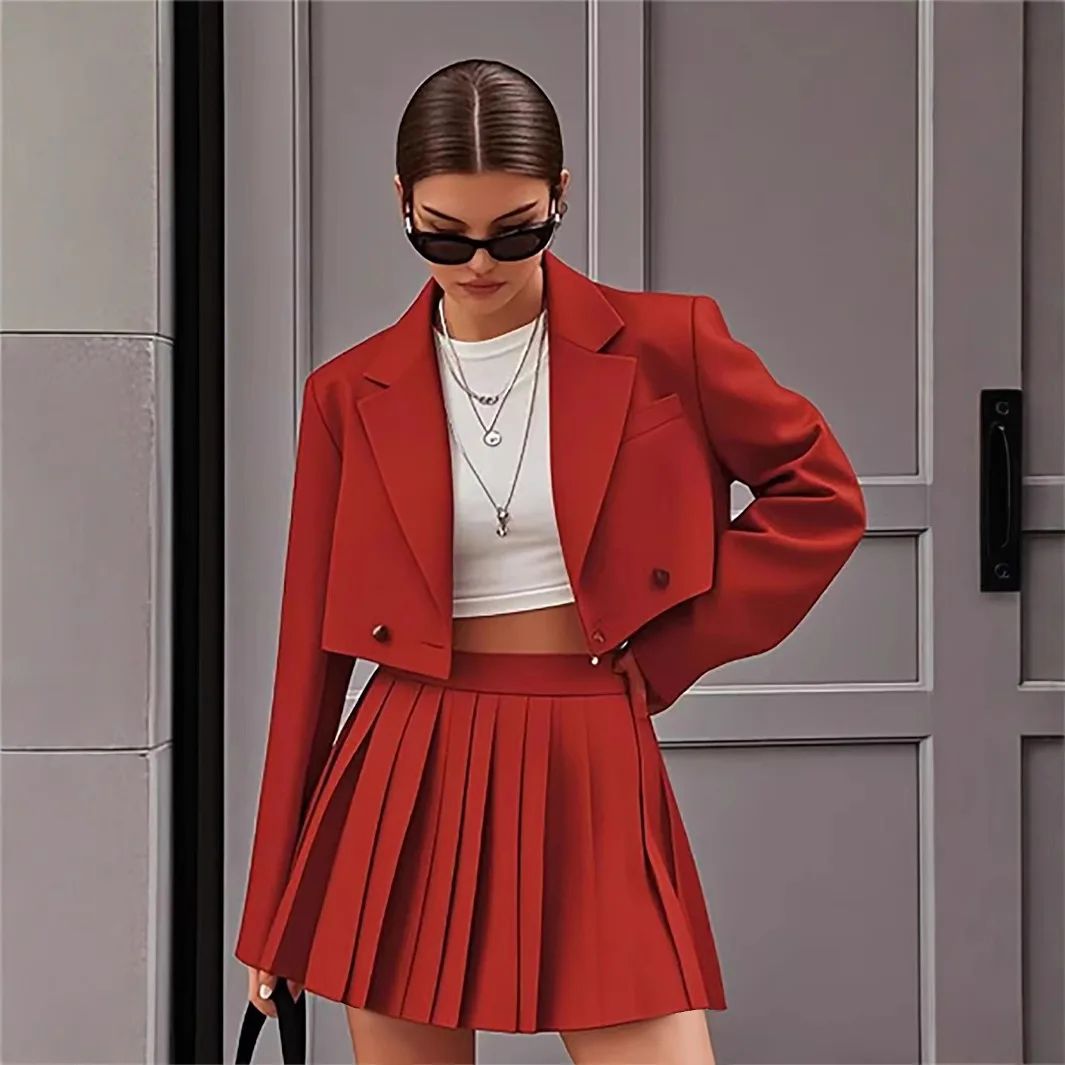 

Elegant Commuter Two Piece Set Fashion Lapel Button Long Sleeve Short Style Blazer Pleated Skirt Suit Spring New Office Lady Set