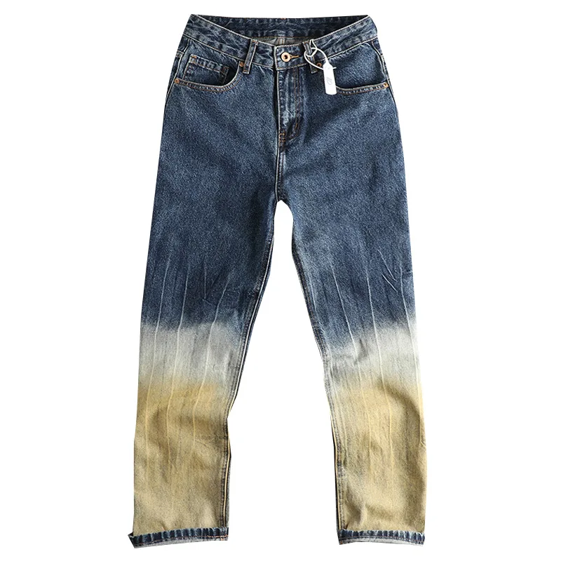 Patchwork Fashion Tie-Dye Jeans for Men Trendy Design Loose Straight American High Street Retro Nostalgic Autumn Long Pants