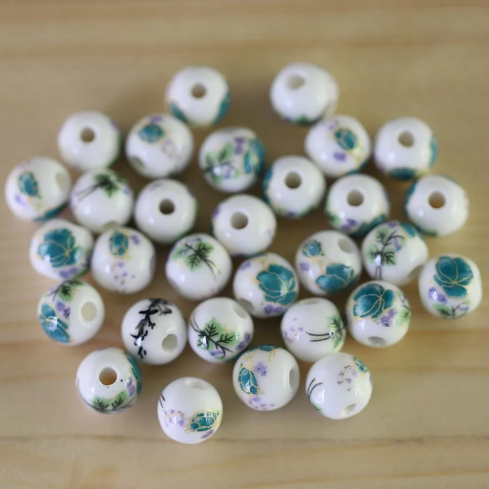 30pcs/set Creative DIY Ceramic Beads Flowers Printed Ancient Style Chinese Style Beads Round Loose Form Jewelry Making