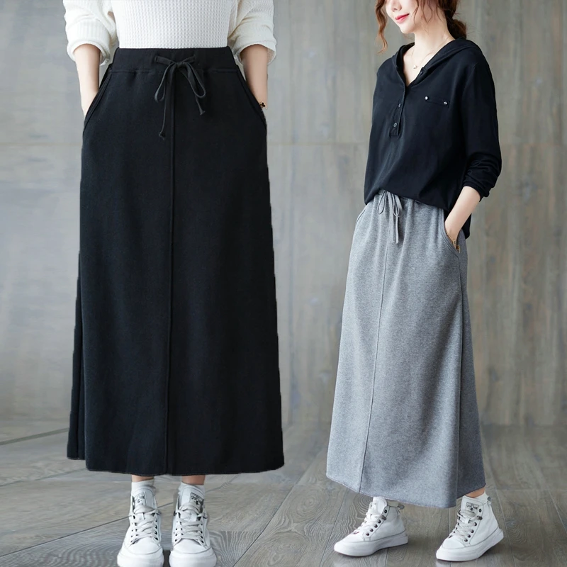 

High Waist A-Line Midi Skirt for Women plus Size Elastic Waist Belted Slimming Versatile Spring Autumn Long Skirts