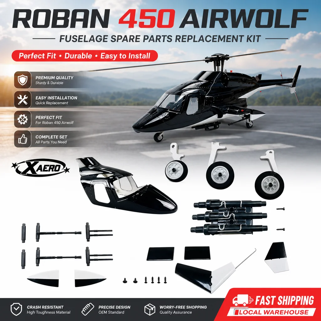 Peças de Reposição para Fuselagem Roban 450 Airwolf: Cobertura da Ponta Dianteira, Janela, Trem de Pouso Traseiro e Espaçadores de Madeira