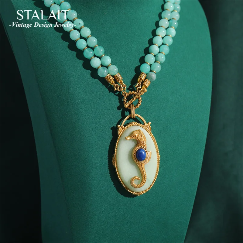 

Vintage Sea Horse Pendant Beads Necklace Natural Stone Layered Antique Gold Color Luxury Quality Jewelry Woman Accessory 2025