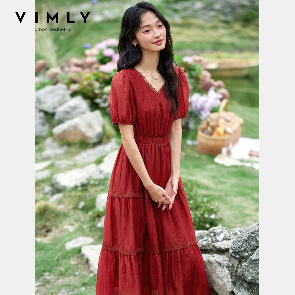 VIMLY Women Summer Midi Dresses Woman 2025 Elegant Ladies Lace V-neck Short Sleeve Smocked Waist Red Dress Robe Femmes A1625