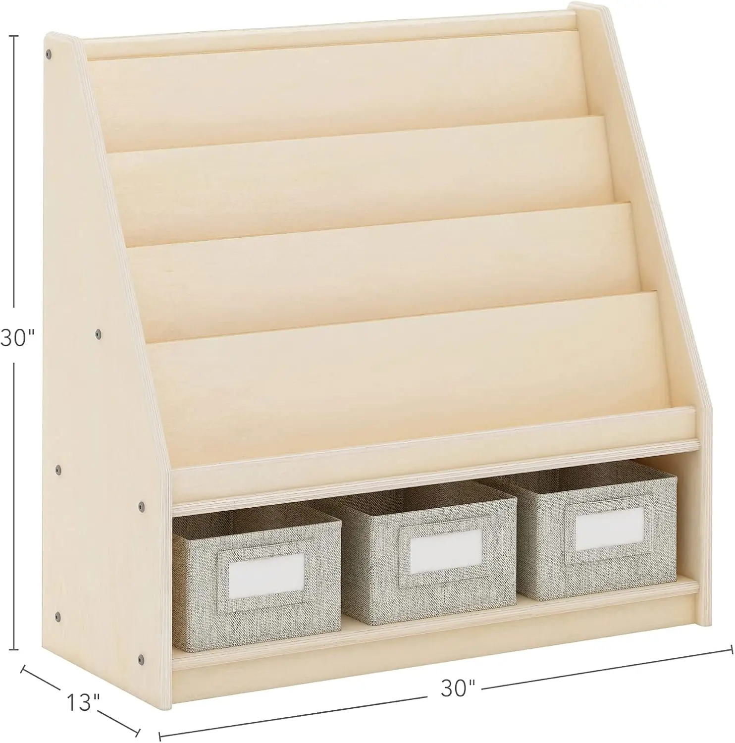 EdQ boek- en bakdisplay naturel met 3 stoffen opbergbakken: houten multifunctionele boekenkasten en speelgoedopbergorganisator; Homeschoo