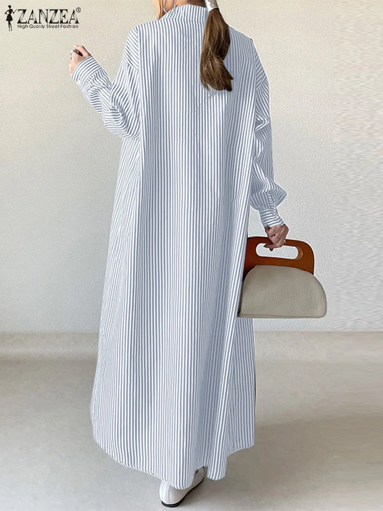 ZANZEA Oversize Fashion Women Striped Long Shirt Dress Autumn Lapel Neck Stylish Holiday Vestido Kaftan Casual Loose Sundress