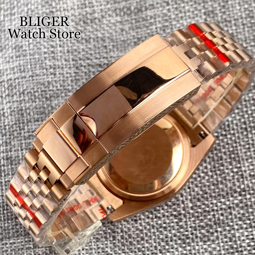 BLIGER Rose Gold Fluted Bezel NH35A 36MM/39MM Automatic Men Watch Palm Dial Green Lume Index Sapphrie Crystal  Jubilee Strap