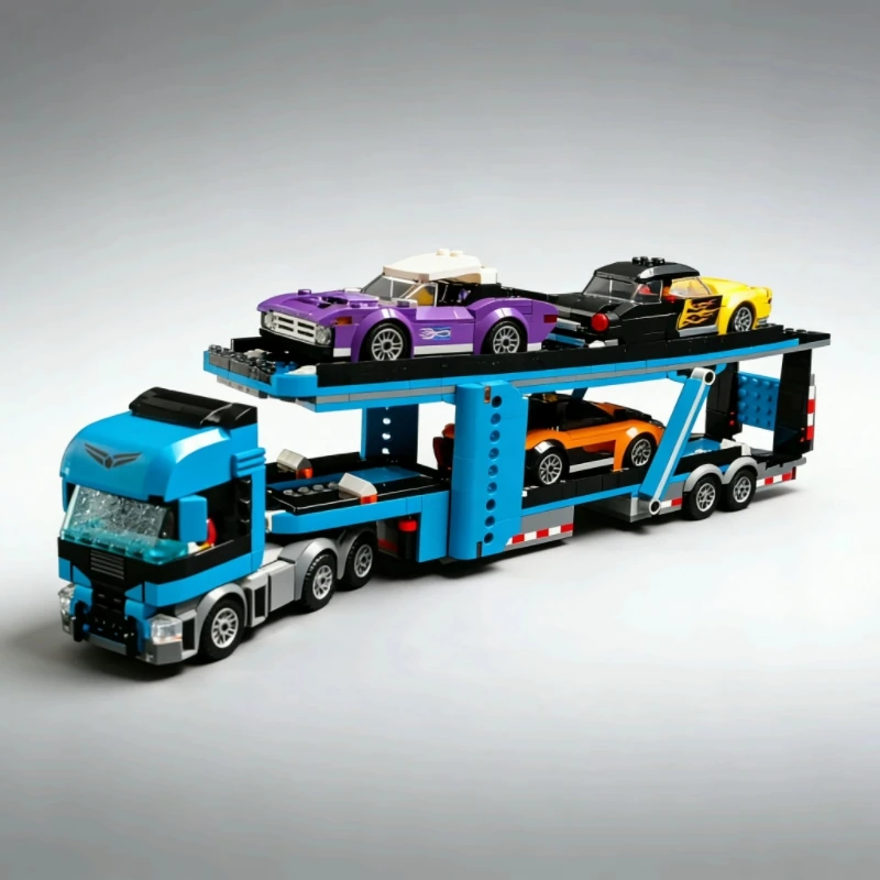 City series car transport truck building blocks, double-decker truck trailer with sports racing car, DIY assembly toy set