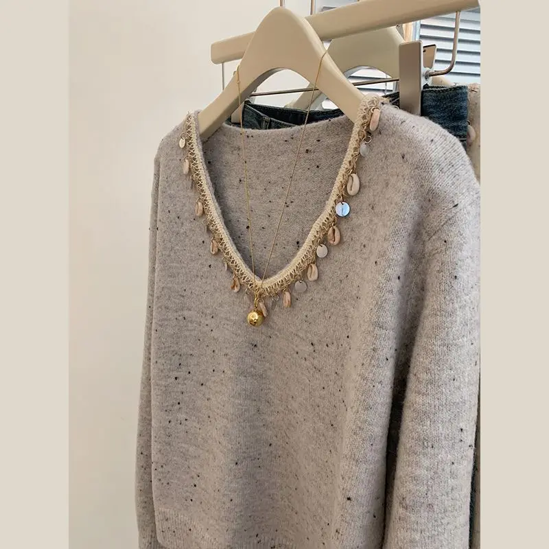 Women\'s Stylish Vintage Sequins Chic Knitted Sweater Autumn Winter Printed V Neck Long Sleeve Loose Pullover Tops Female Jumpers