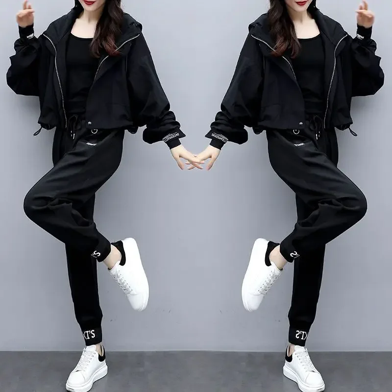 Spring Autumn Women's Tracksuit Sporty Style Patchwork Hooded Jacket Pants 2 Piece Set Lady Casual Letter Coat Trousers Outfits