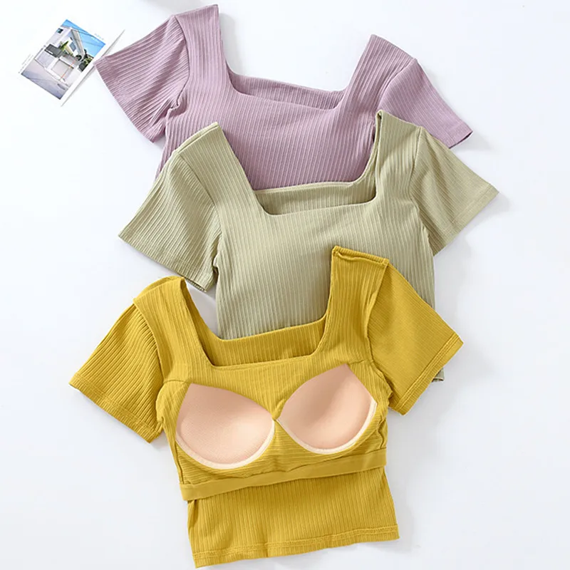 

Sexy T-Shirt For Women Sleepwear Short Sleeved One Piece Pajamas Tops Bra Ladies Underwear Square Neck Bottoming Sleep Shirt