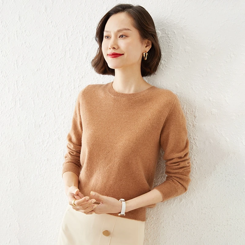 

Women Autumn Winter Merino Wool Sweater O-Neck Pullover Solid Color Soft Clothing Long Sleeve Knitwear Slim Warm Bottoming Tops