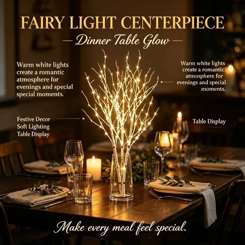 Battery Powered Birch Twig Lights, Warm LED Accents for Shelf Displays or Bedside Decorative Arrangements