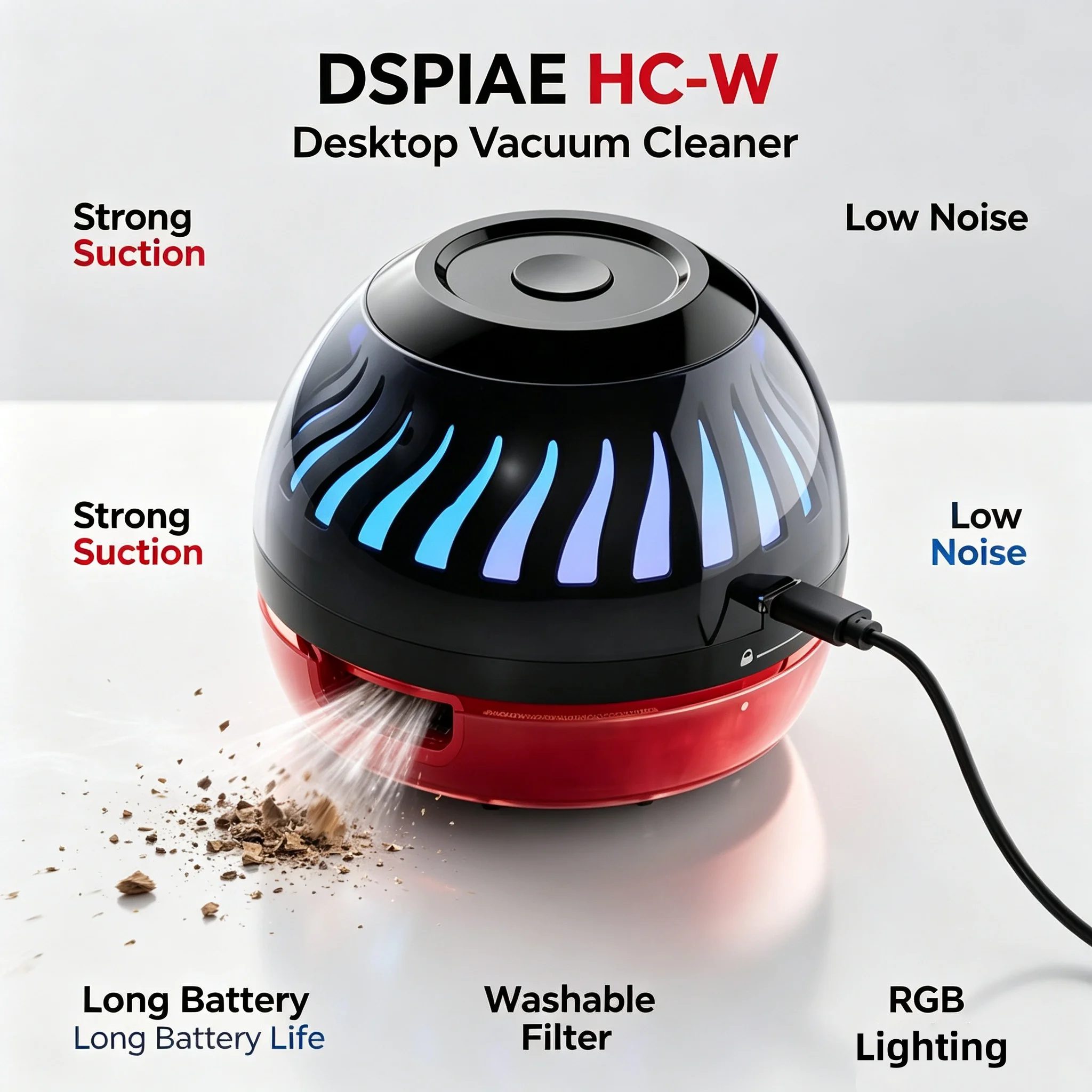 DSPIAE HC‑W Handheld Desktop Vacuum Strong Suction Low‑Noise Debris Cleaner Long‑Lasting Battery Washable Filter RGB Lighting