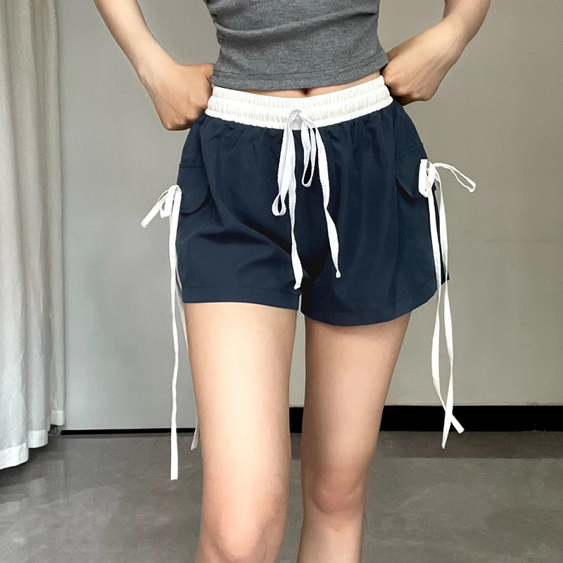 Darlingaga Casual Patchwork Cargo Style Basic Summer Shorts Women Pockets Lace-Up Elastic Waist Short Pants Contrast Color 2024