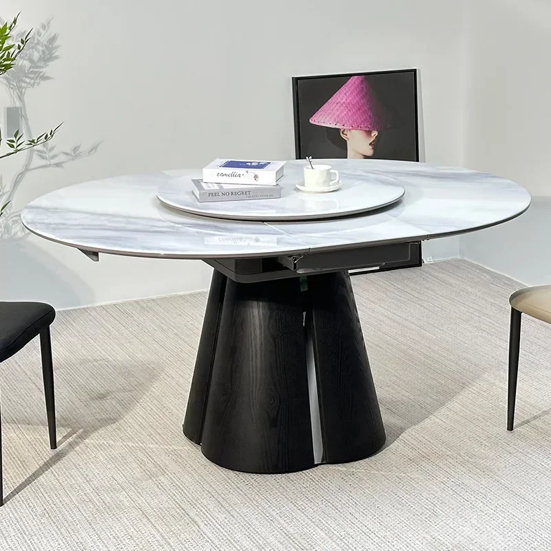 Italian minimalist microcrystalline stone telescopic round dining table double-layer rotating dining table