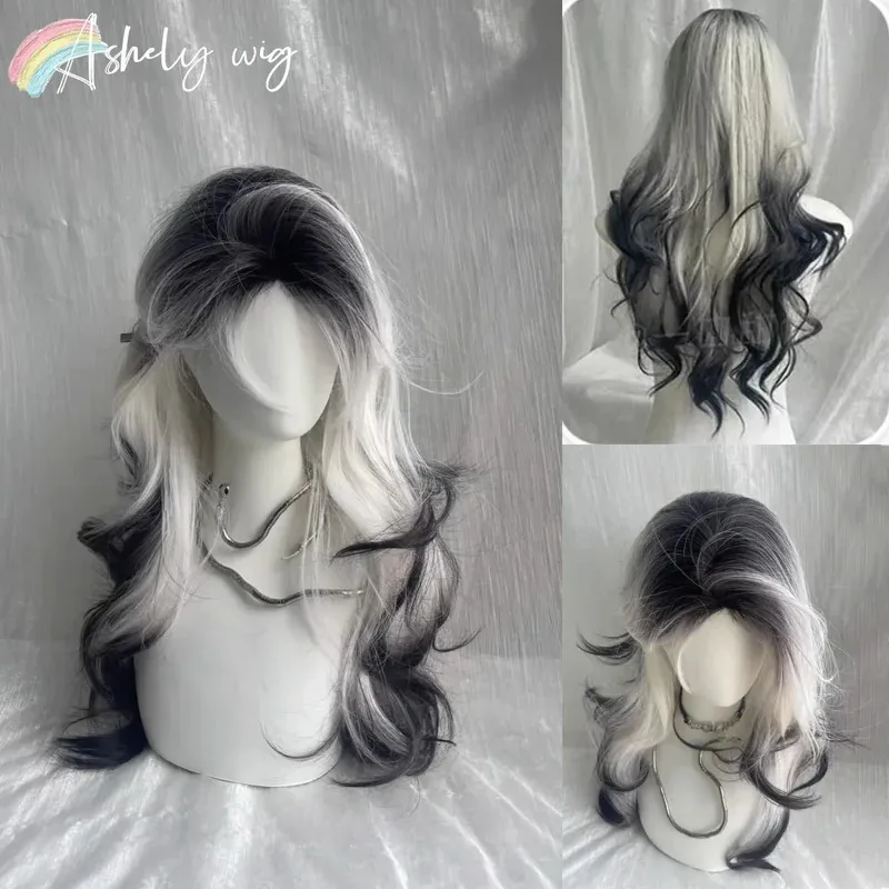Perruque ombrée blanche et noire, cheveux longs et ondulés, perruques de Cosplay pour femmes et hommes, perruque Lolita grise de 24 pouces en Fiber de haute température