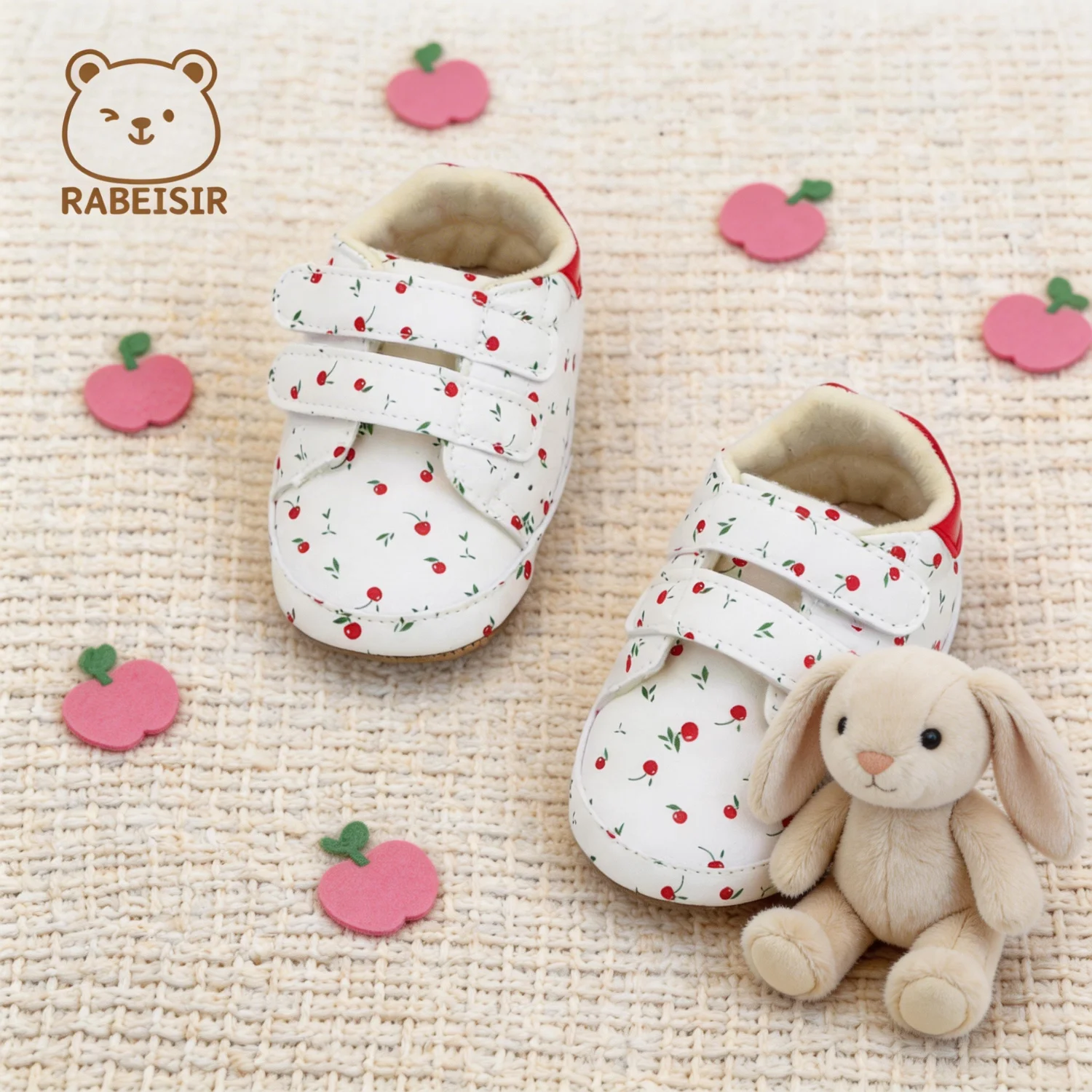 Baby Girls Cherry Print Shoes 0‑18 Months Double Hook&Loop Lightweight Soft Sole Infant First Walker Shoes