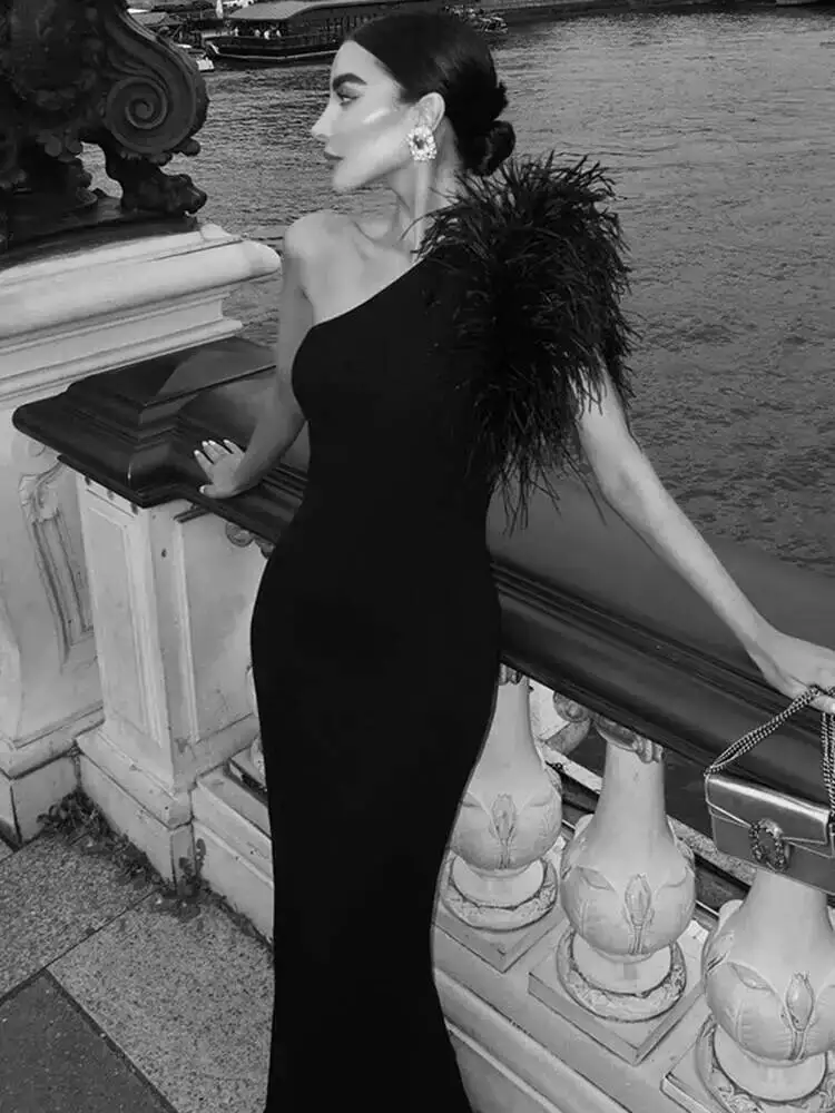 فستان ماكسي أسود بدون أكمام بكتف واحد للنساء فستان طويل أنيق للحفلات وأعياد الميلاد والسهرات EG8K #3