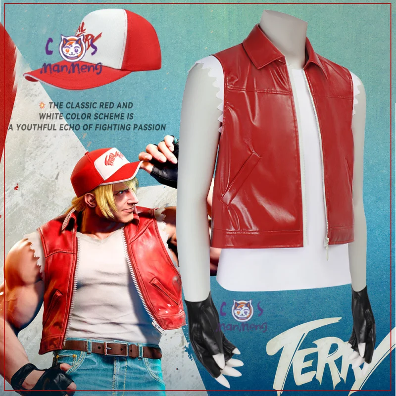 ゲーム-kof-テリー・ボガードコスプレ衣装成人男性ベスト帽子手袋ノースリーブジャケットコート衣装ハロウィンカーニバルパーティースーツ