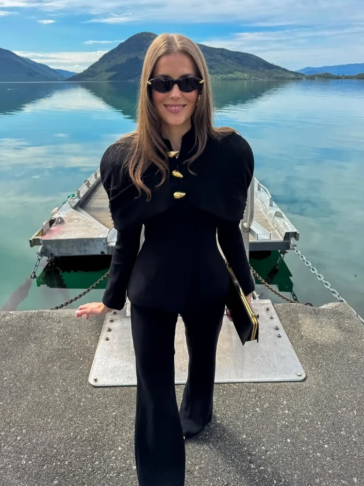 

Черный пиджак с шалью на талии, женский элегантный короткий пиджак с длинными рукавами и пуговицами, женская повседневная офисная верхняя одежда