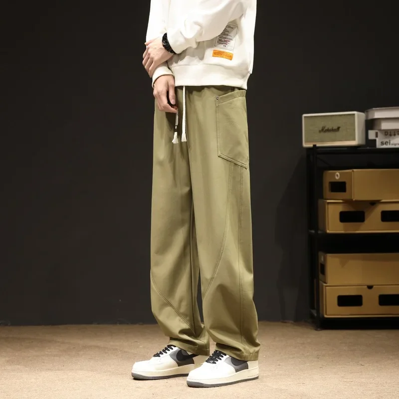 2024 New Spring Autumn Men's Sweatpants Multi-Pockets Wide Leg Casual Cargo Pants String Banding Loose Straight Trousers