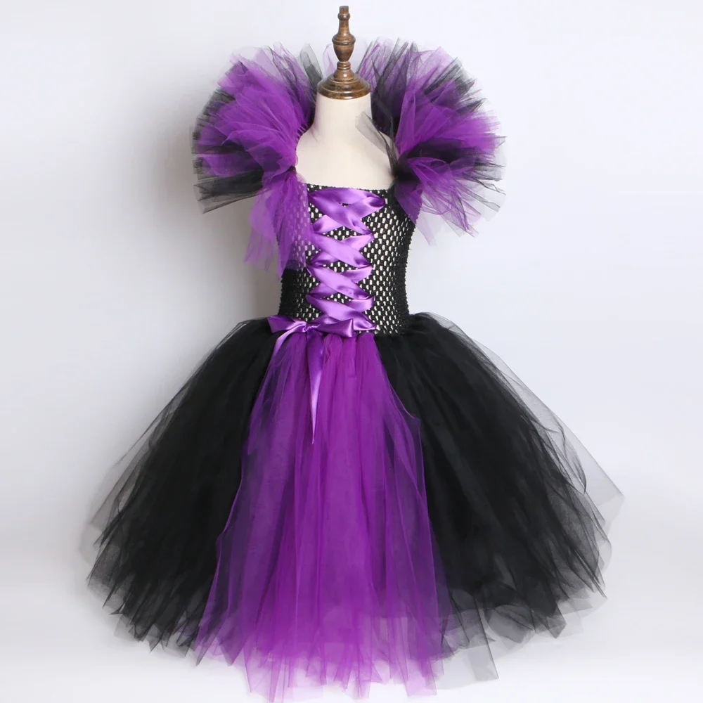 Halloween Malefice Costume for Kids Carnival Party Clothes Set Witch Evil Queen Cosplay Costume for Girls Fancy Tulle Tutu Dress