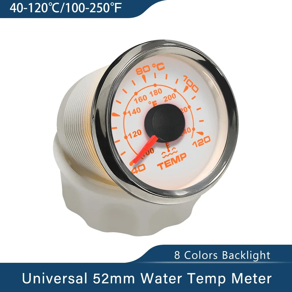 New Universal 52mm Waterproof Marine Water Temp Gauge  40-120℃ for Car Boat Truck Yacht With 8 Colors Backlight 9-32V