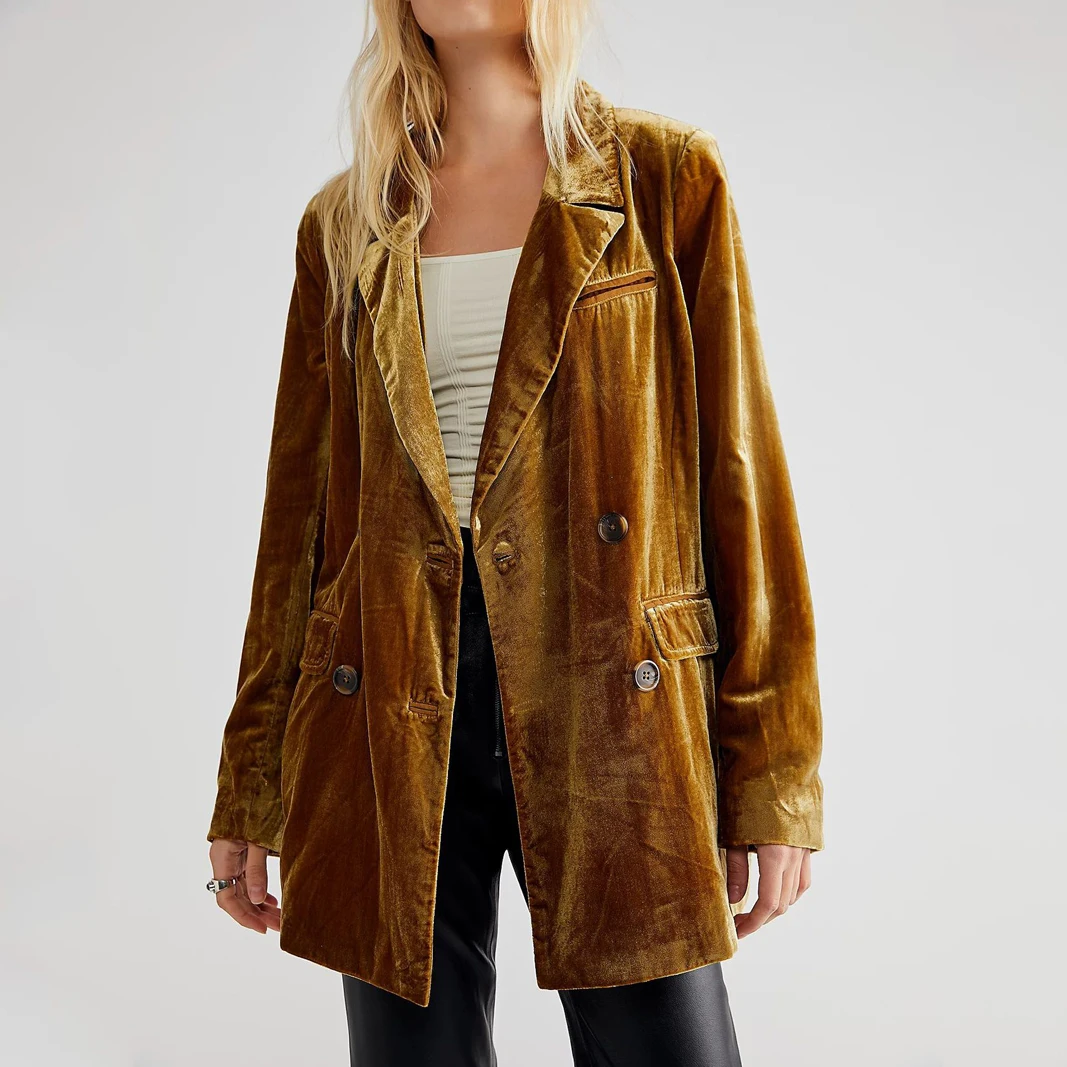 

New Velvet Casual Blazer Jacket for Women Spring Autumn Chic Single-breasted Slit Short Coat American Style Lady Outerwear