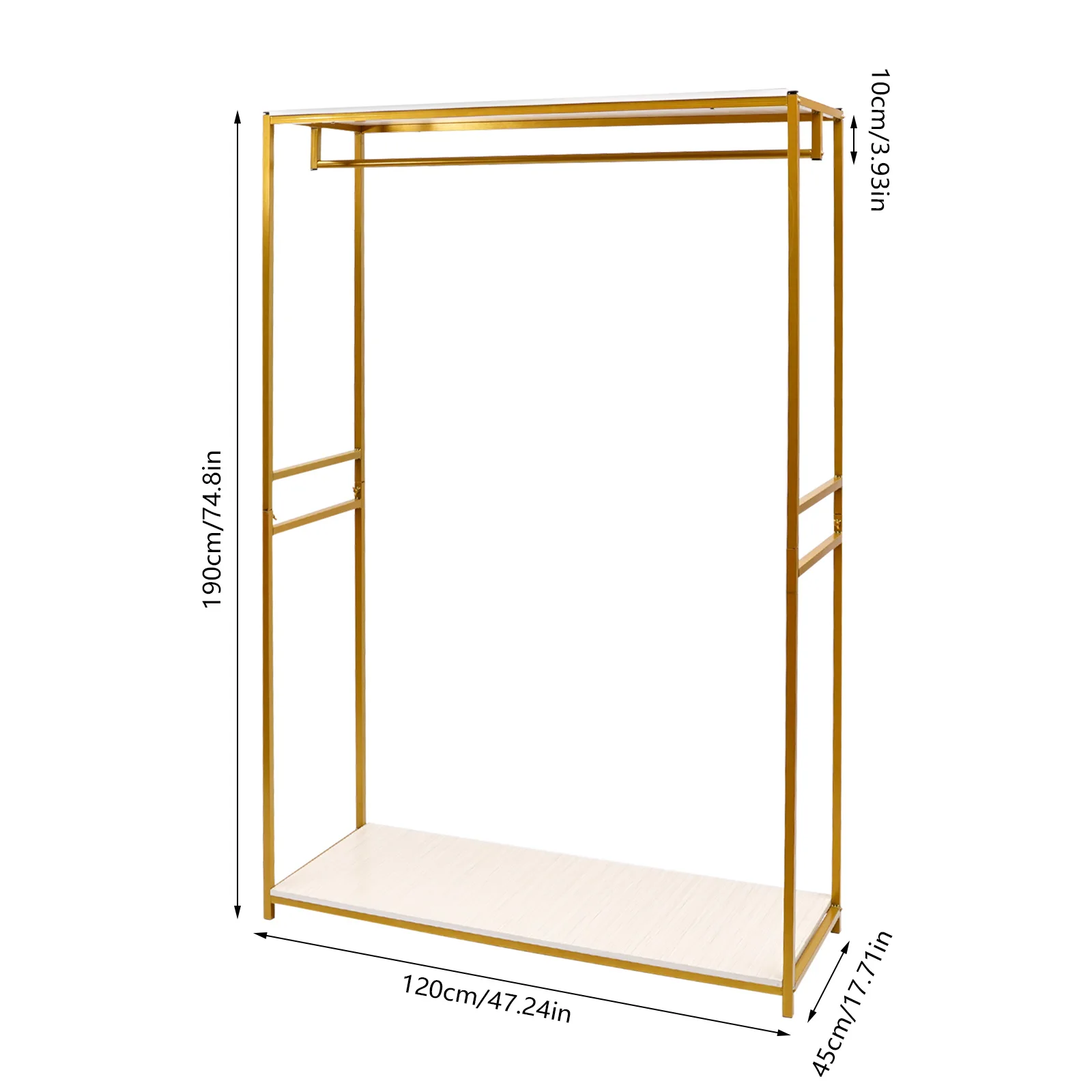 120*45*190cm Gold Clothing Display Rack Free Standing Clothing Rack with Wood Shelf Multifunctional Use