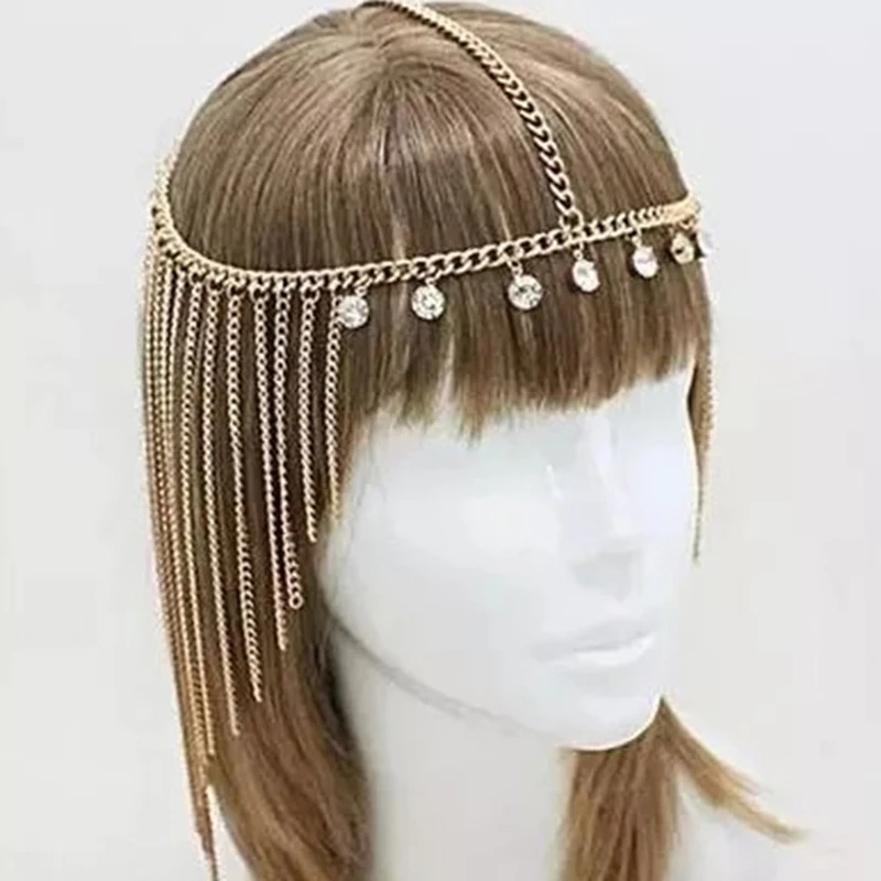 Gold Color Head Chain Headband With Crystal Tassels Forehead Hair Piece For Women Jewelry Accessories