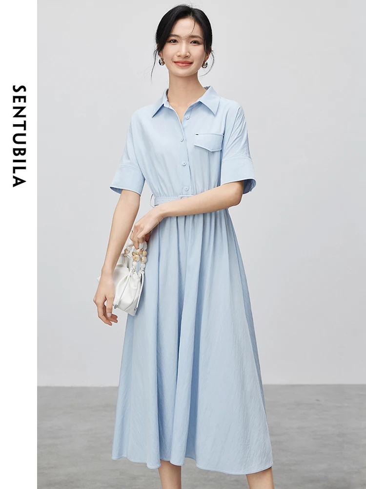 

SENTUBILA Women Straight Casual Shirt Dresses 2024 Summer Elegant Turn Down Collar Sashes Solid Simple Dress 142L54492