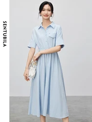 SENTUBILA Women Straight Casual Shirt Dresses   2024 Summer Elegant Turn Down Collar Sashes Solid Simple Dress 142L54492