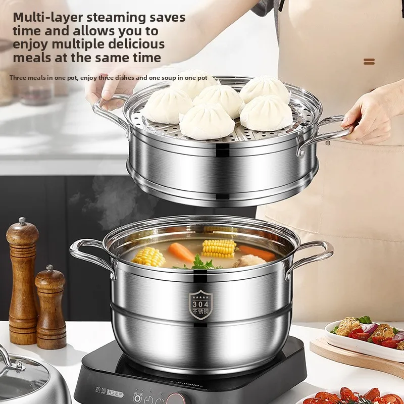 Three Tier Large Capacity Stainless Steel Steamer Pot Thickened Base Multifunction Home Use Multi Layer Large Capacity