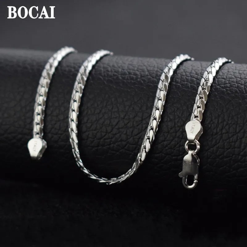 BOCAI  Trend Real S925 Silver Jewelry Personalized Men's Necklace 2.5MM Electroplated Platinum Flat Dragon Scale Chain