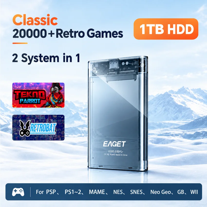 1TB Retro Gaming HDD met TeknoParrot & RetroBat, 20.000+ games, plug-and-play voor PS1, MAME, GB, WII, voor Windows PC
