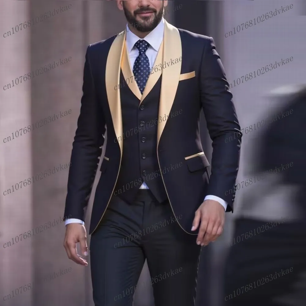 

Champagne Collar Black Men Suit Wedding Party Formal Groom Groomsman Prom Business Male Tuxedos 3 Piece Set Jacket Vest Pants
