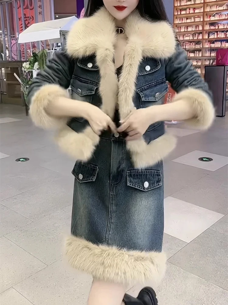 

Autumn and winter hot fashion show temperament slim high-end wool denim and cotton women's two-piece jacket+short skirt