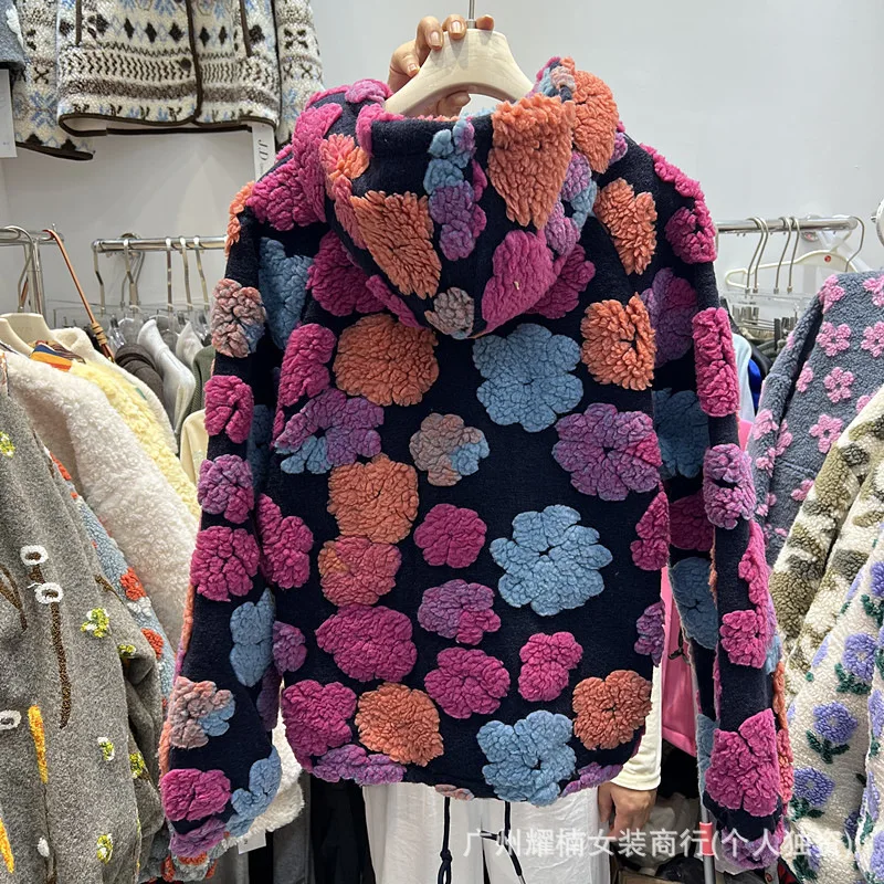 Fashionable Autumn Winter Flocking Floral Hooded Jacket Loose Zip Cardigans Top All-match Long Sleeve Women Casual Hoodie Coat