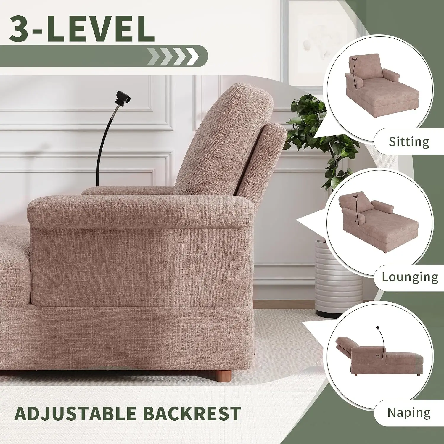 Oversized Chaise Lounge Sleeper with USB & Phone Holder, Deep Seat for Living Room Bedroom, Chenille, Brown, Customized