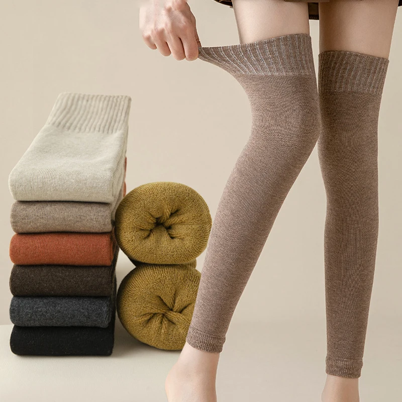 Women Autumn Winter Solid Color Warm Thigh High Socks Over Knee High Footless Socks Long Leg Warmers Thermal Cuffs Long Socks
