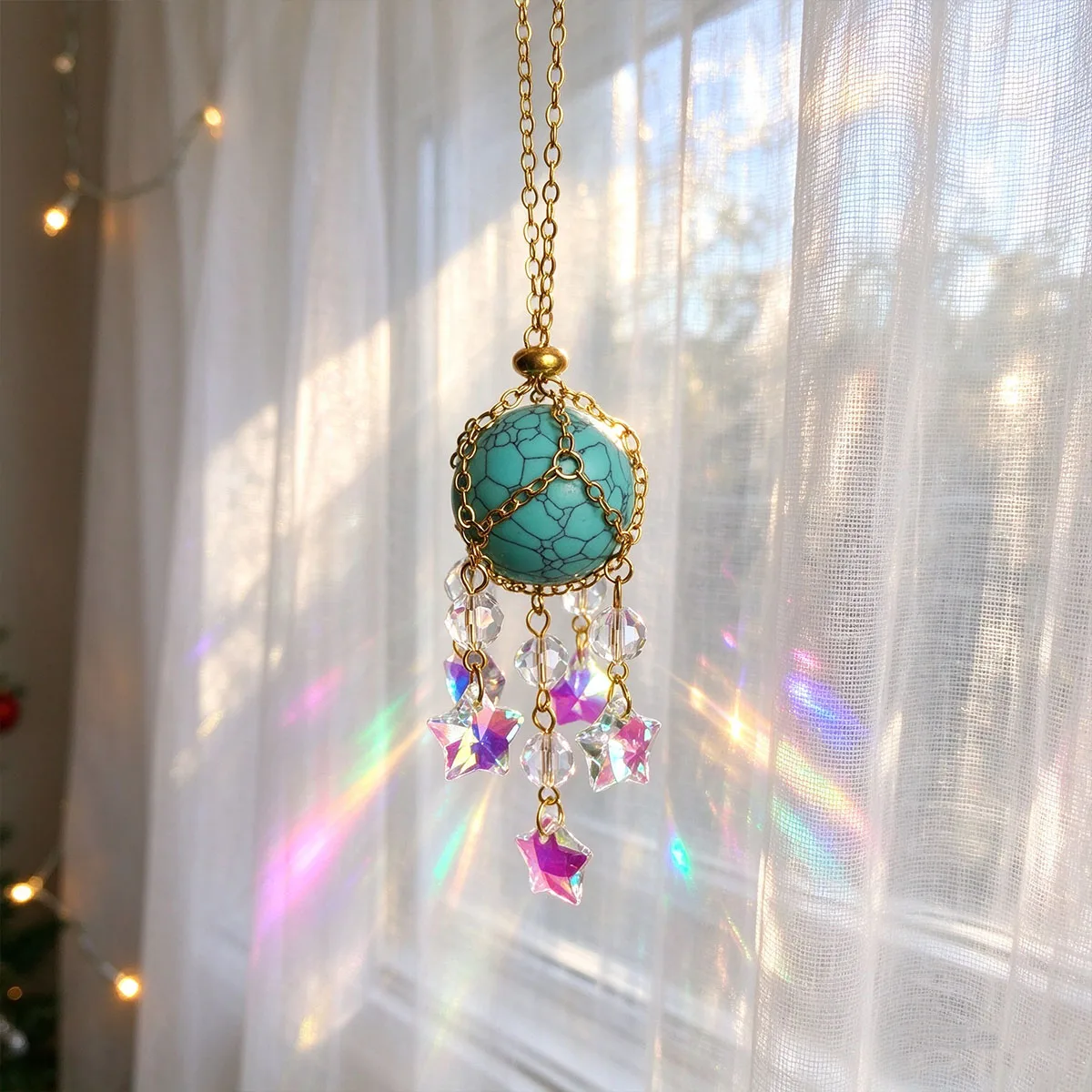 Crystal Sun Catcher Hanging Ornament, Turquoise Round Bead Gold Chain Pendant, Window Home Holiday Decoration Hanging Piece, Bedroom Window Hanging Decoration Gift, Holiday Home Hanging Ornament, Holiday Party Window D
