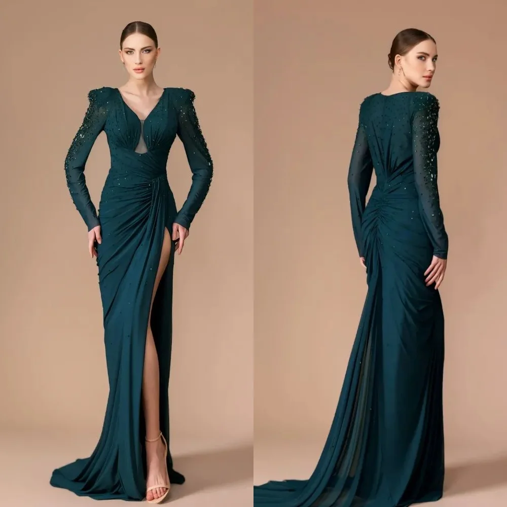 

Customized Elegant Jersey Sequined Ruched A-line V-neck Long Dresses Evening Dresses Exquisite High Quality Sexy Sparkle Sizes A