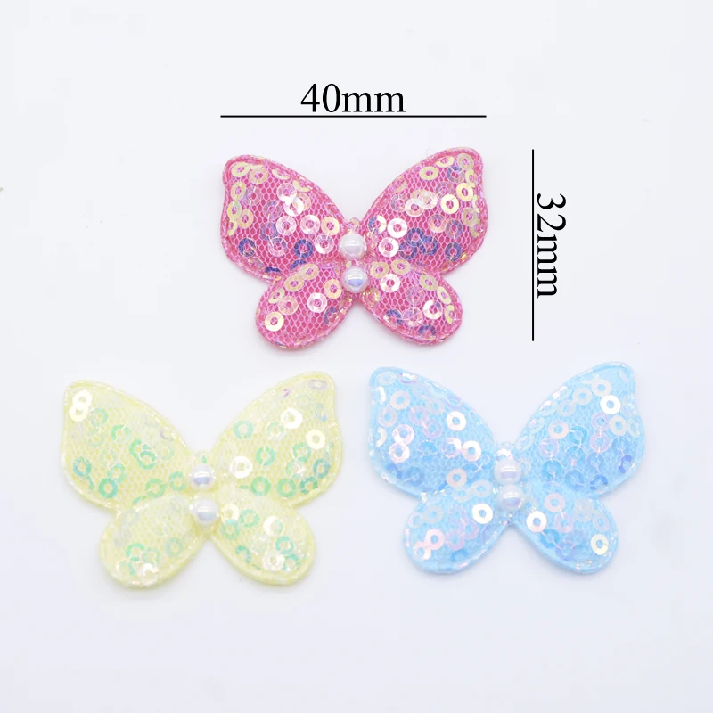 Wholesale 100Pcs 40*32mm Sequins Butterfly for DIY Baby Clothes Hat Sewing Patches Headwear Hair Clips Bow Decor Accessories