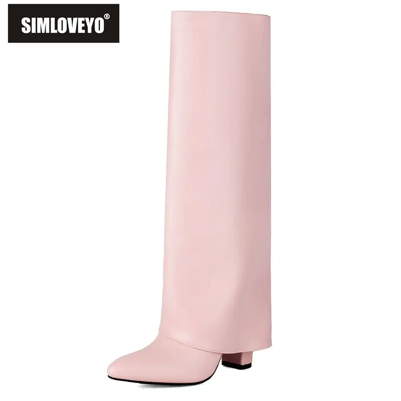 

SIMLOVEYO 2024 Skirt Boots Pointed Toe Chunky Heels 9.5cm Slip On Size 42 43 44 Fashion Dating Party Knee High Booties