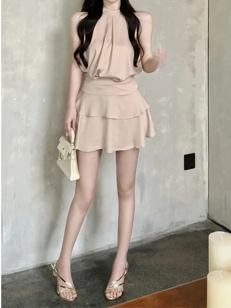 women's clothing small stature summer spicy girl French style hanging neck strap vest half body short skirt two-piece set P3KF